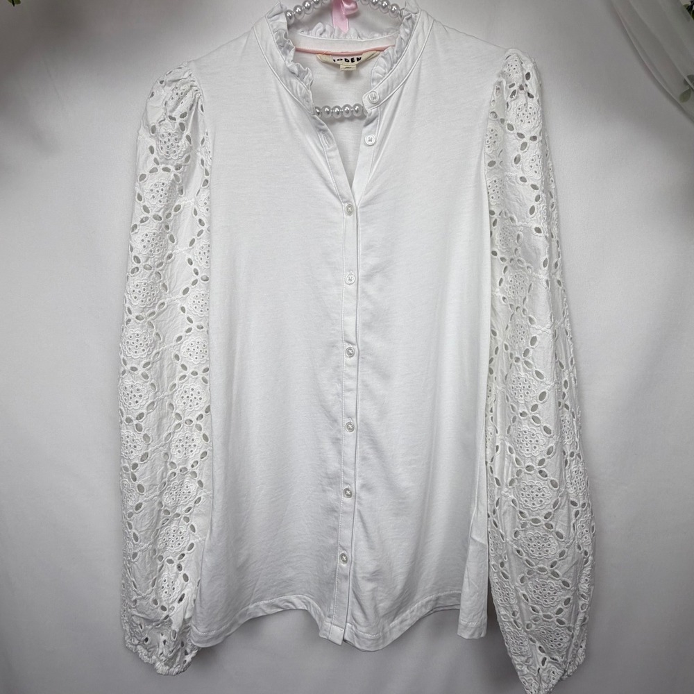 Boden White Ruffle Neck Eyelet Lace Sleeve Top T1815 US 0 Cotton Tencel Blend